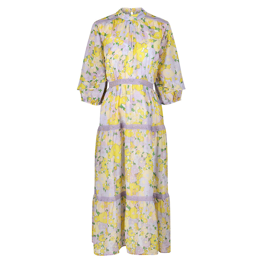 Hope & Ivy White & Yellow Floral Check Print High Neck Blouson Sleeve Maxi Dress