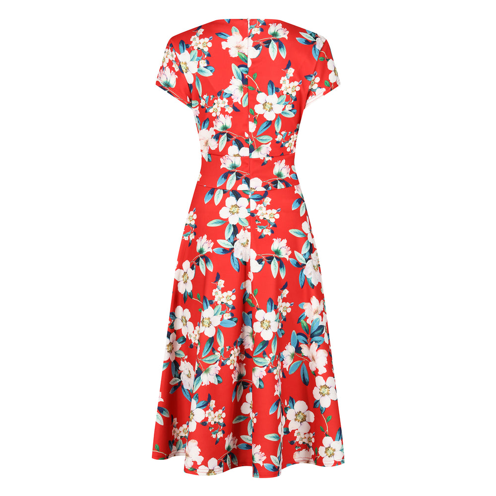 Sunset Red Floral Vintage A Line Crossover Capped Sleeve Tea Swing Dress - Pretty Kitty Fashion