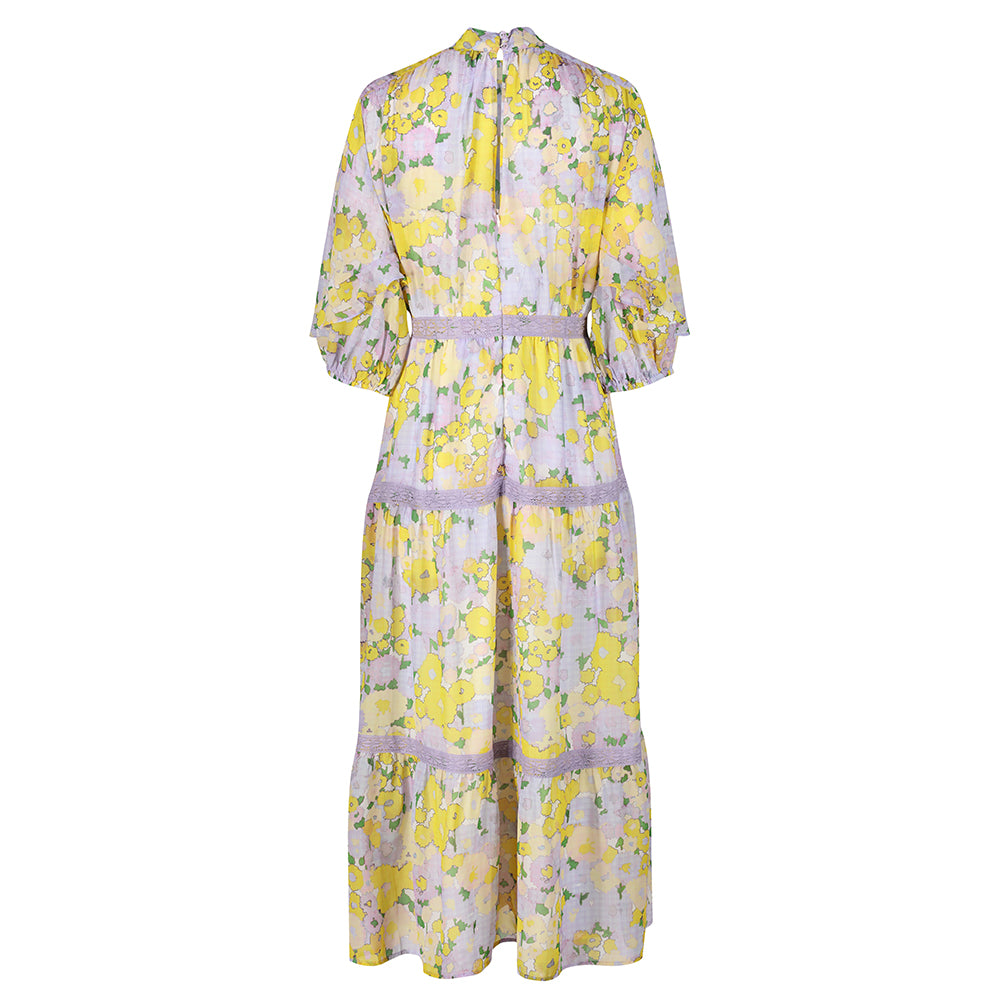 Hope & Ivy White & Yellow Floral Check Print High Neck Blouson Sleeve Maxi Dress