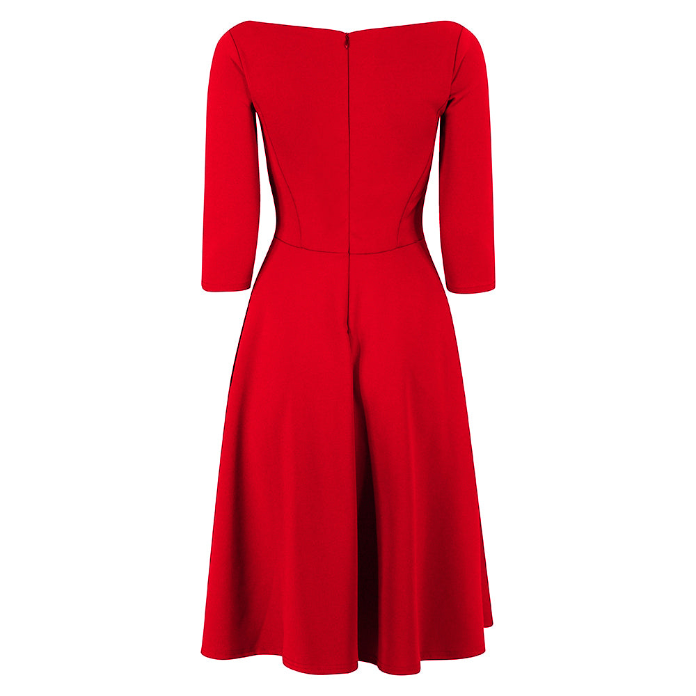 Red 3/4 Sleeve Boat Neck Audrey Hepburn Style 50s Swing Dress