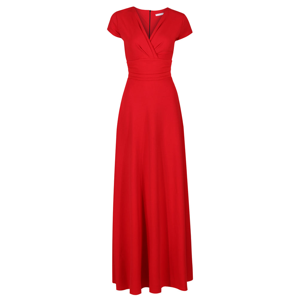 Red V Neck Cap Sleeve Maxi Dress