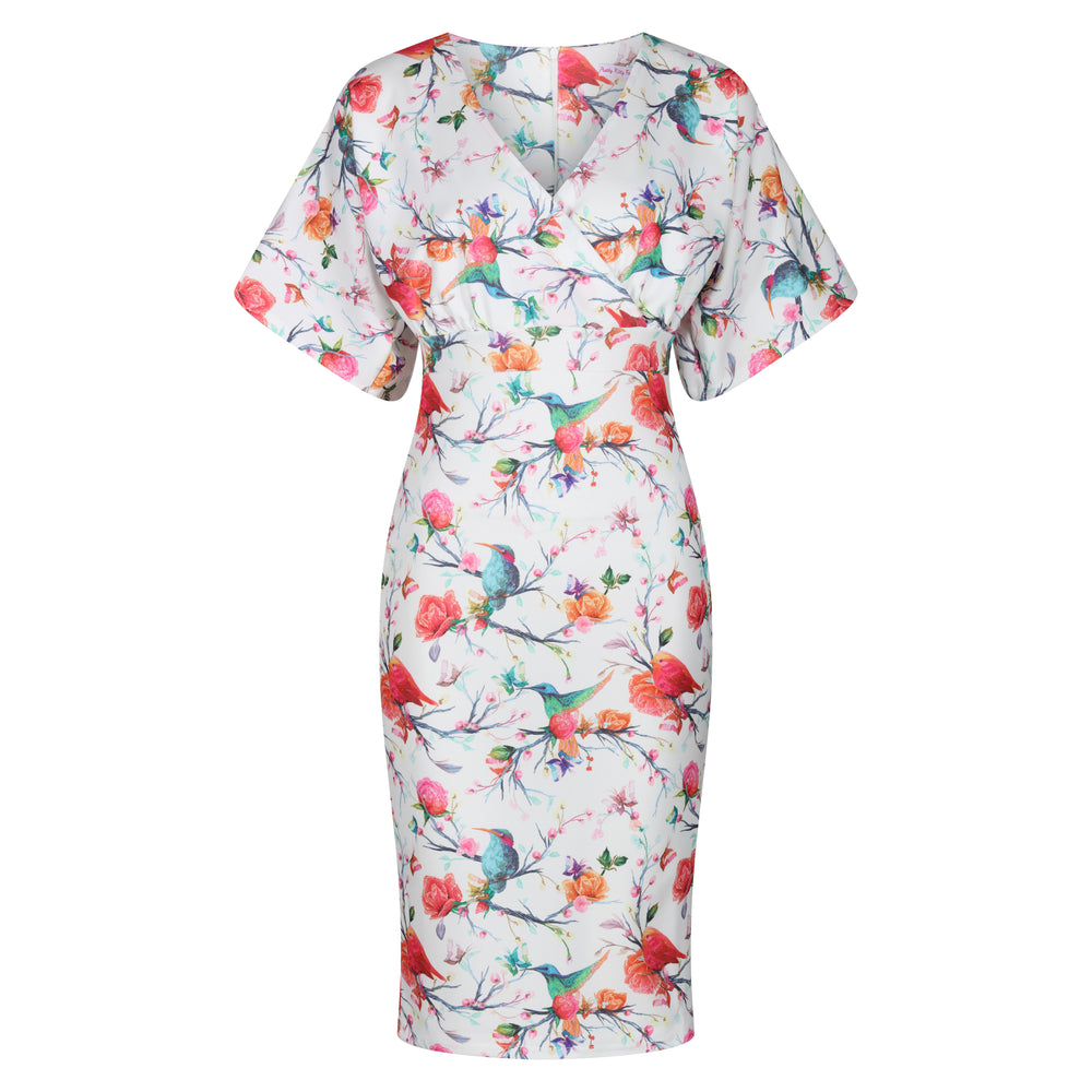 White Hummingbird & Butterfly Print 40s Style Pencil Dress With Batwing Sleeves & Crossover Top