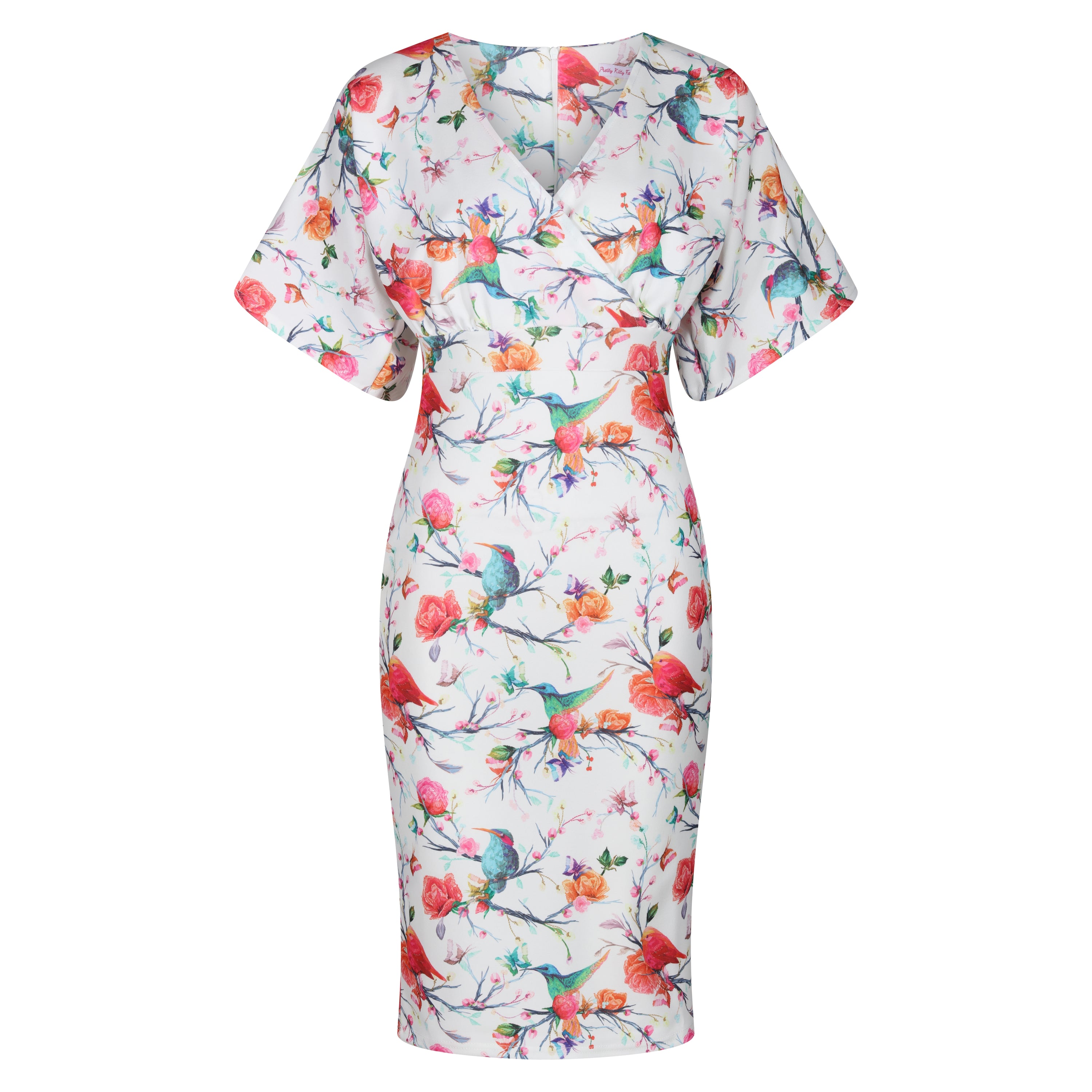 White Hummingbird & Butterfly Print 40s Style Pencil Dress With Batwing Sleeves & Crossover Top