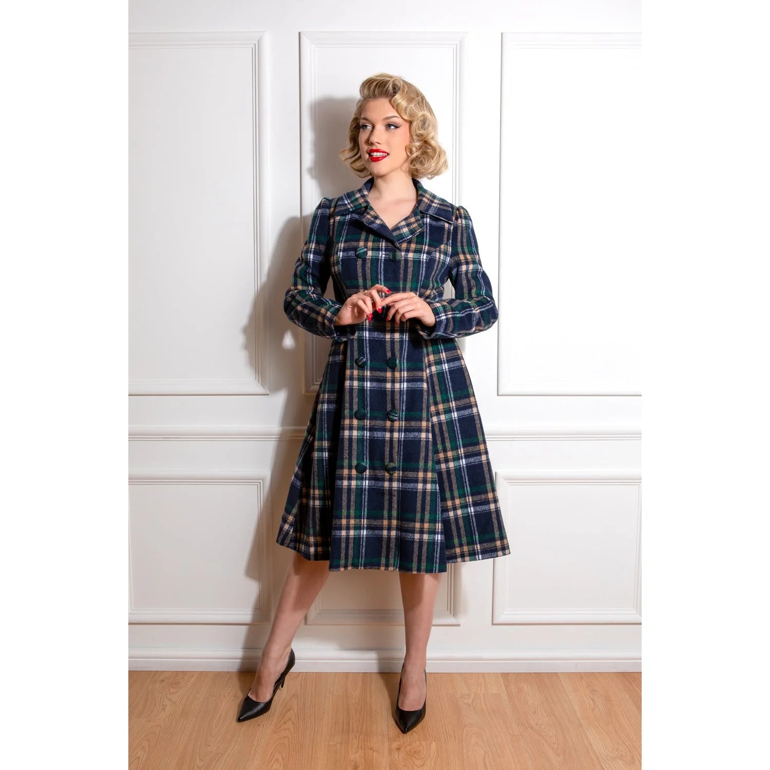 Navy Blue Check Vintage Inspired Double Breasted Swing Coat