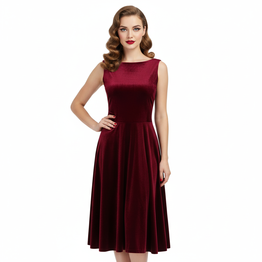 Claret Red Velour Audrey Style 1950s Swing Dress