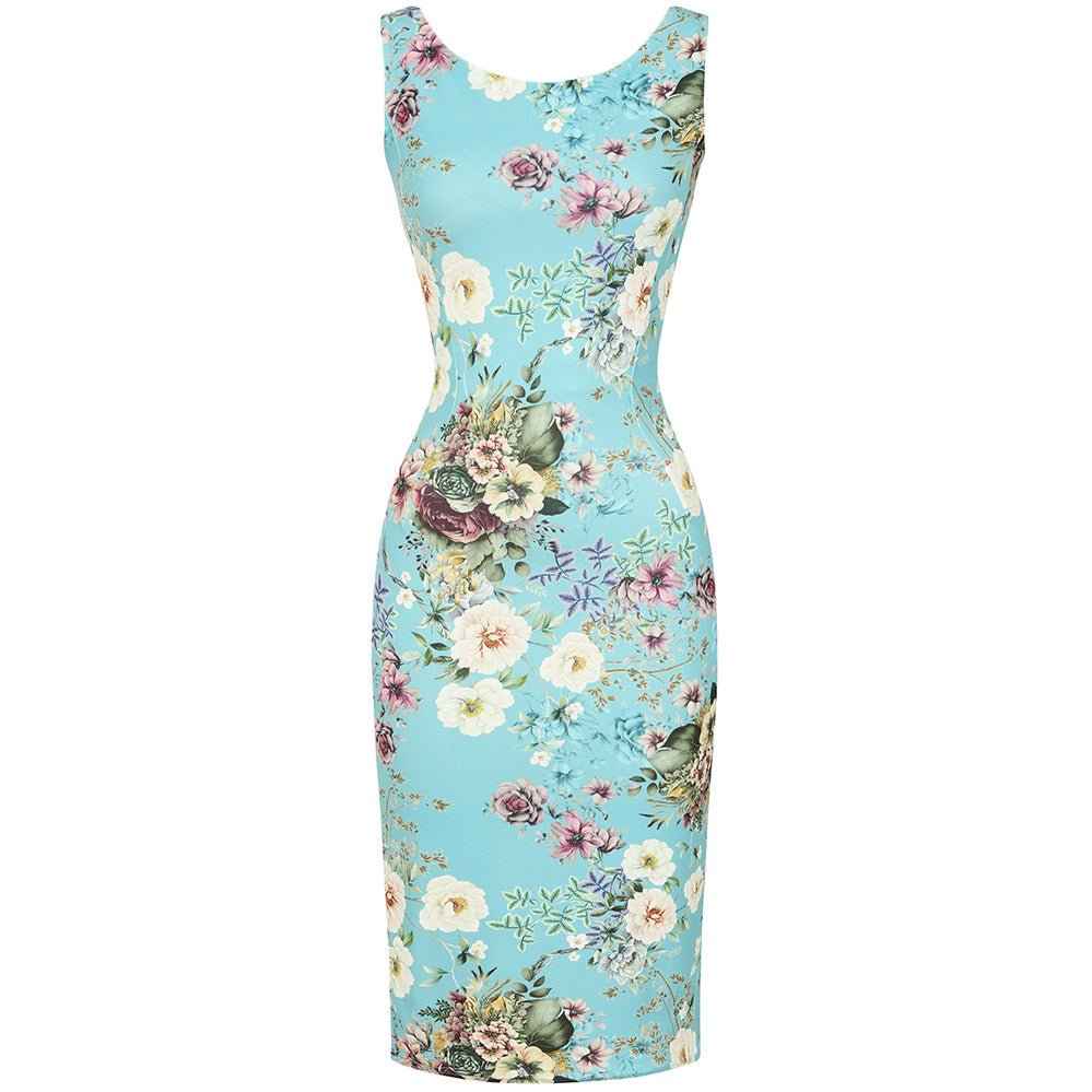 Blue Floral 40s Bodycon Sleeveless Hollywood Wiggle Dress