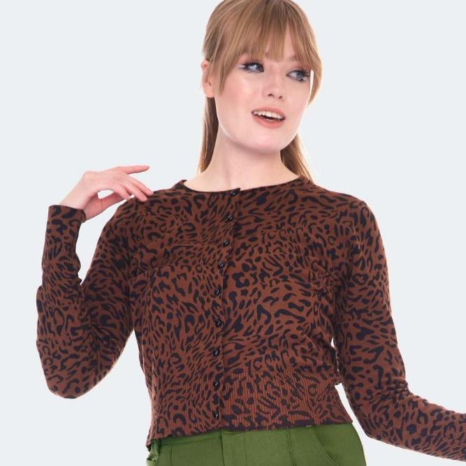 Brown Leopard Print Long Sleeve Round Neck Cardigan