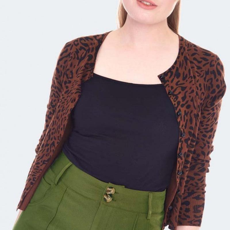 Brown Leopard Print Long Sleeve Round Neck Cardigan