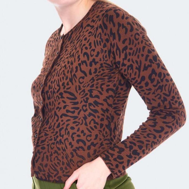 Brown Leopard Print Long Sleeve Round Neck Cardigan