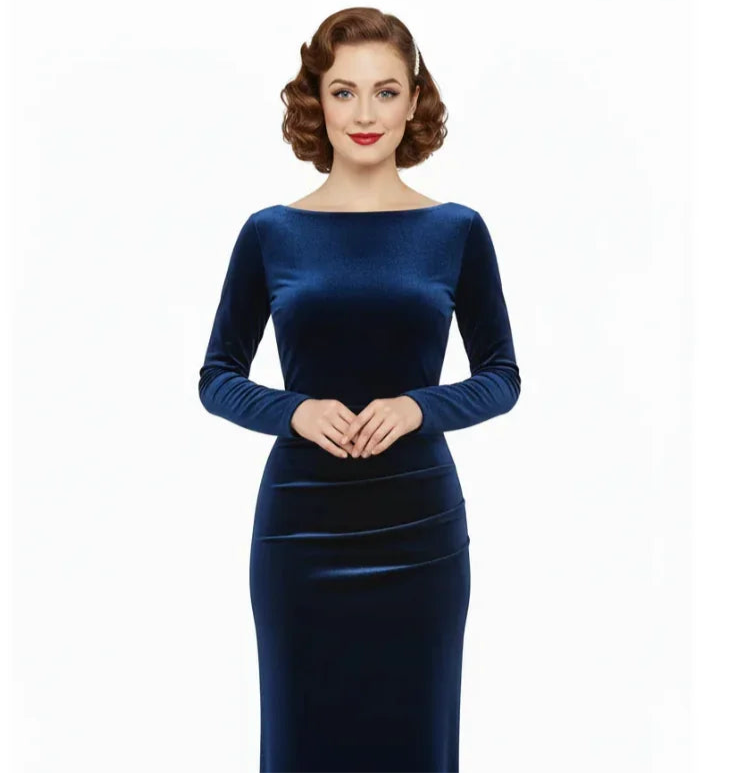 Navy Blue Long Sleeve Boatneck Bodycon Velour Maxi Dress
