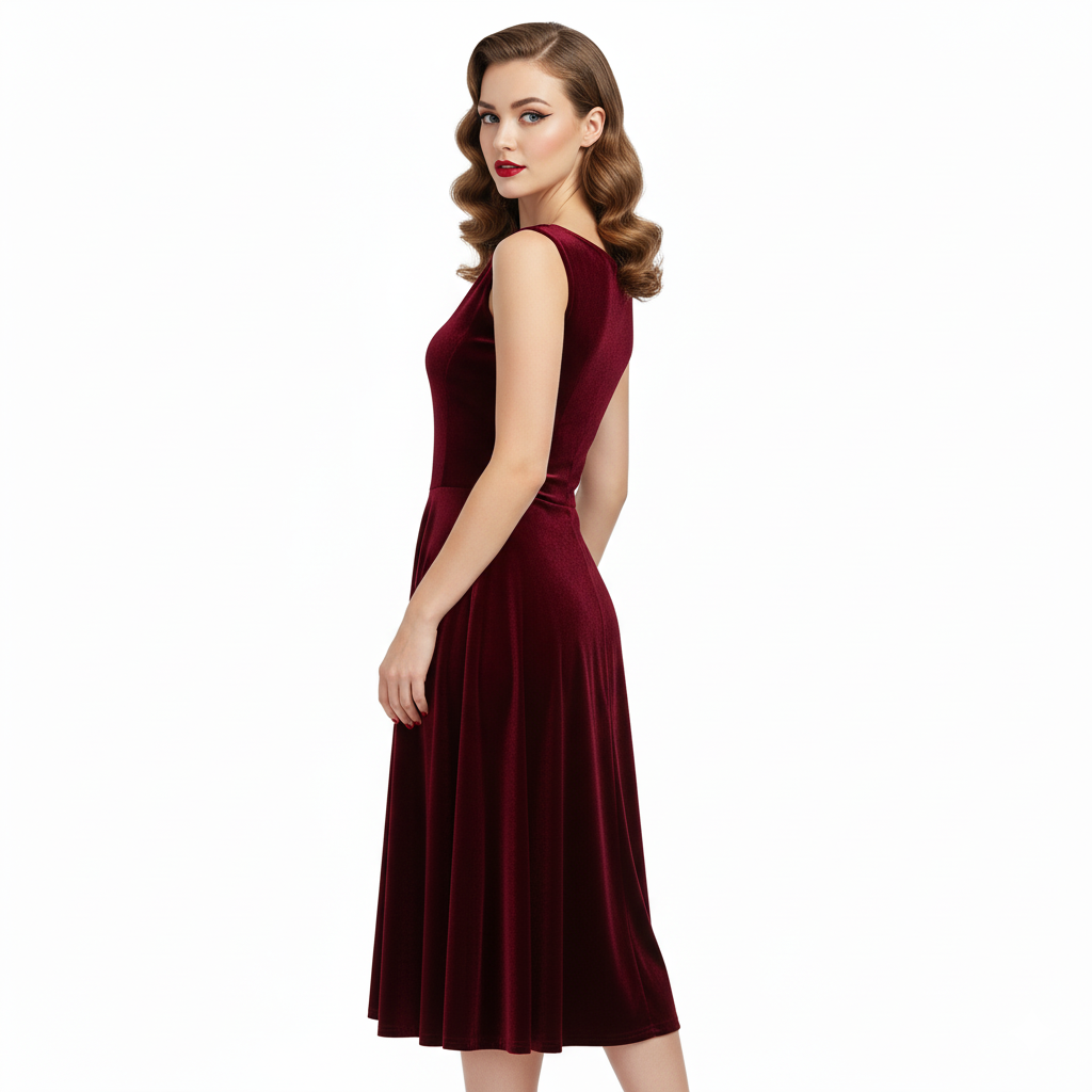 Claret Red Velour Audrey Style 1950s Swing Dress