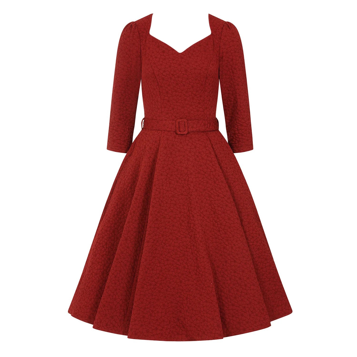 Maroon Red Embossed Floral 3/4 Sleeve Swing Dress