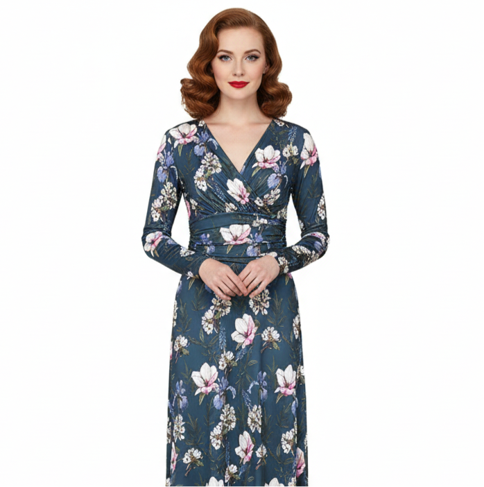 Navy Floral Long Sleeve Maxi Dress