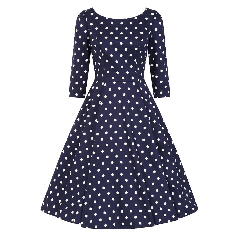 Blue And White Polka Dot Vintage 50s 3/4 Sleeve Swing Tea Dress