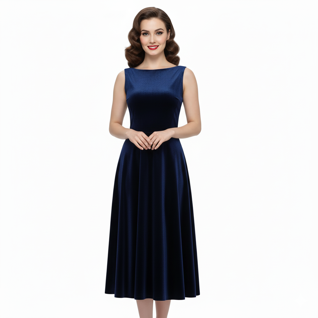 Navy Blue Velour Audrey Style 50s Swing Dress