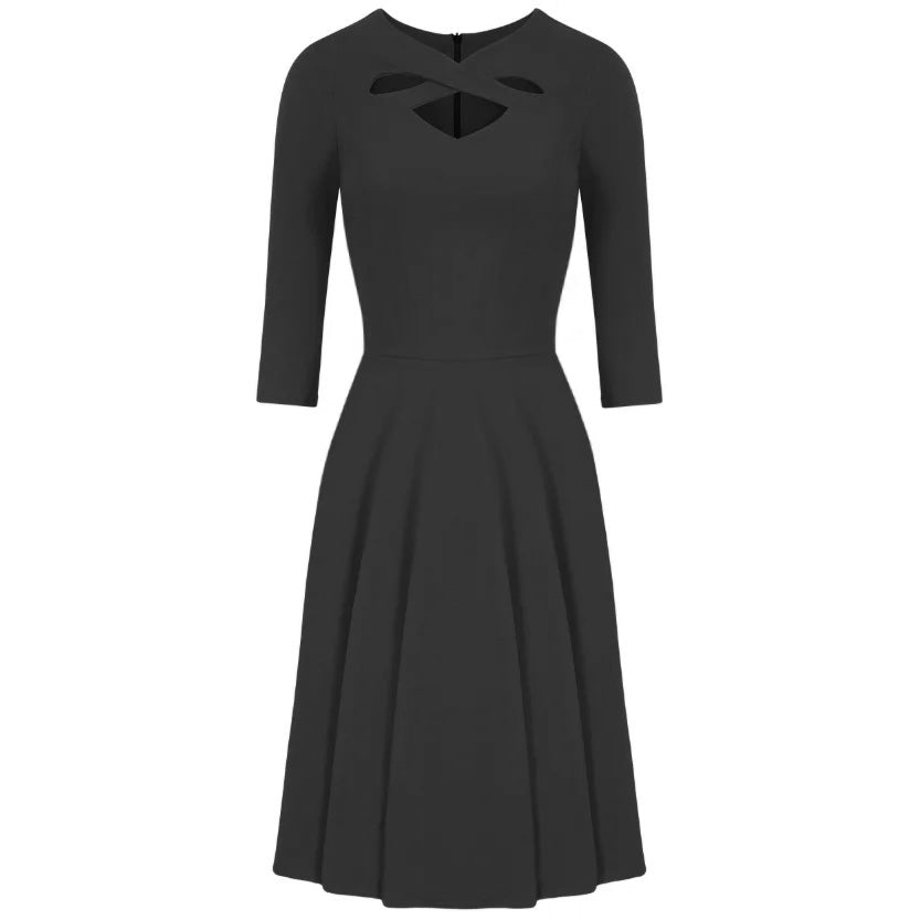 Black Cut Out Neckline 3/4 Sleeve 50s Swing Dress