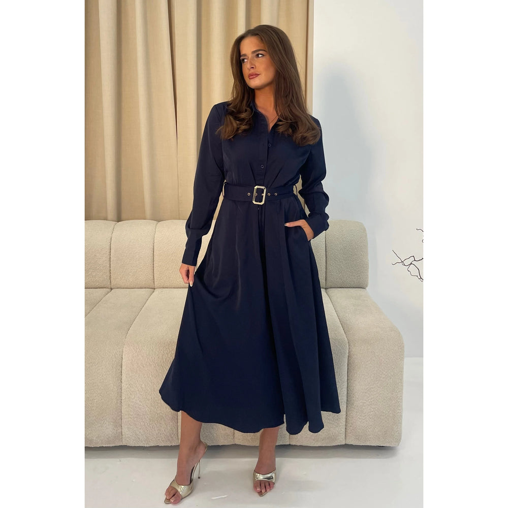 Navy Blue Detail Long Sleeve Maxi Shirt Dress