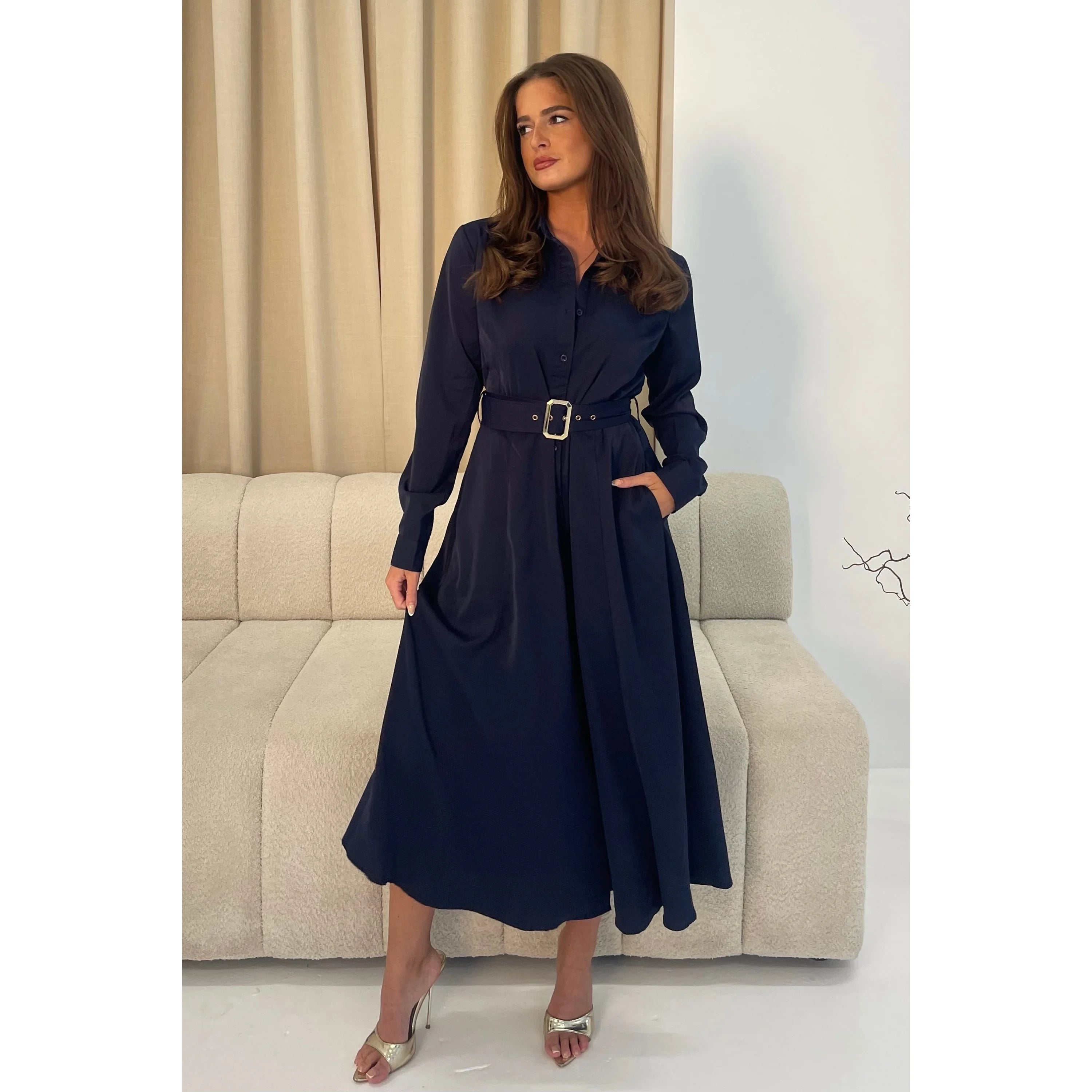 Navy Blue Detail Long Sleeve Maxi Shirt Dress