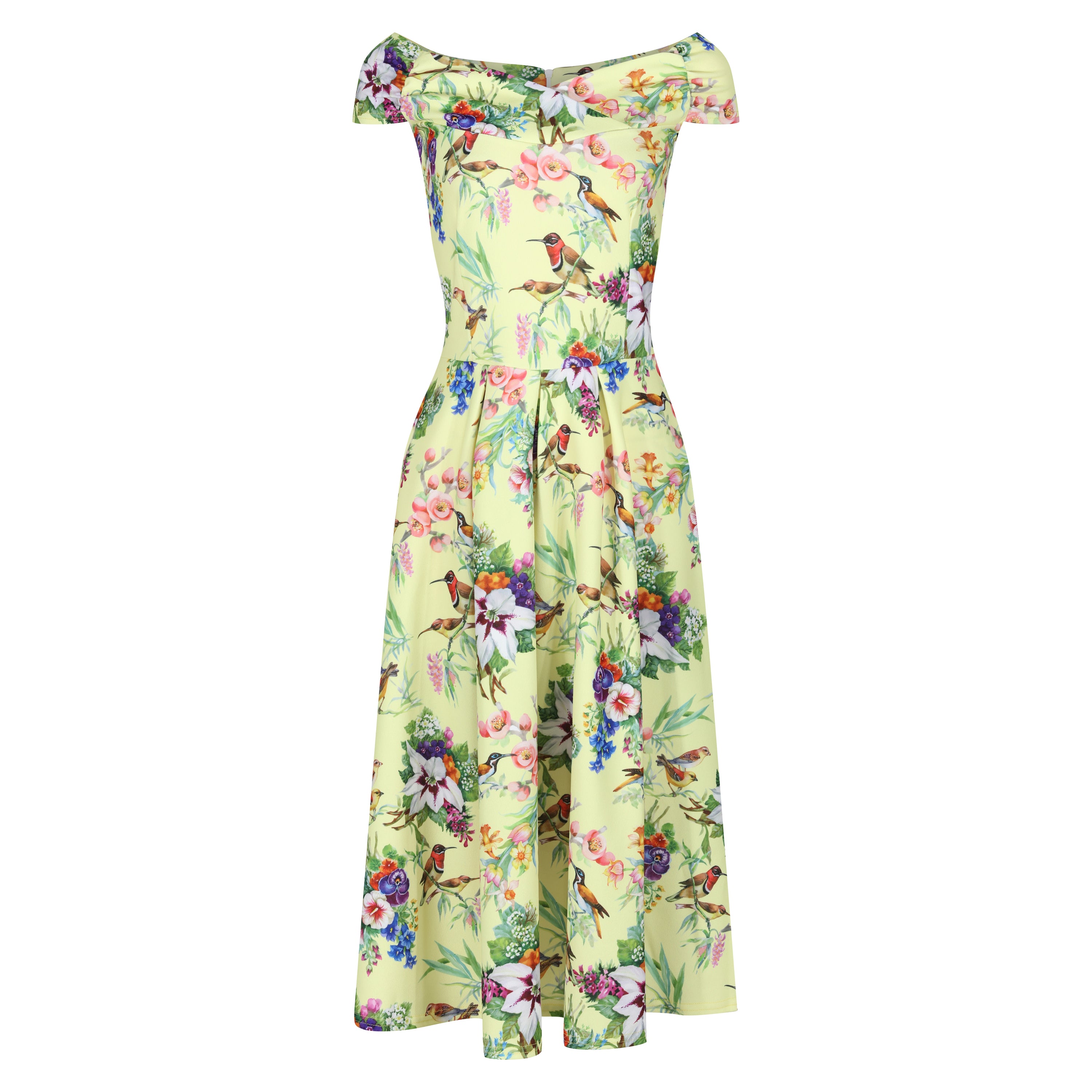 Yellow Floral and Bird Print Cap Sleeve Crossover Bardot Neckline 50s Swing Dress