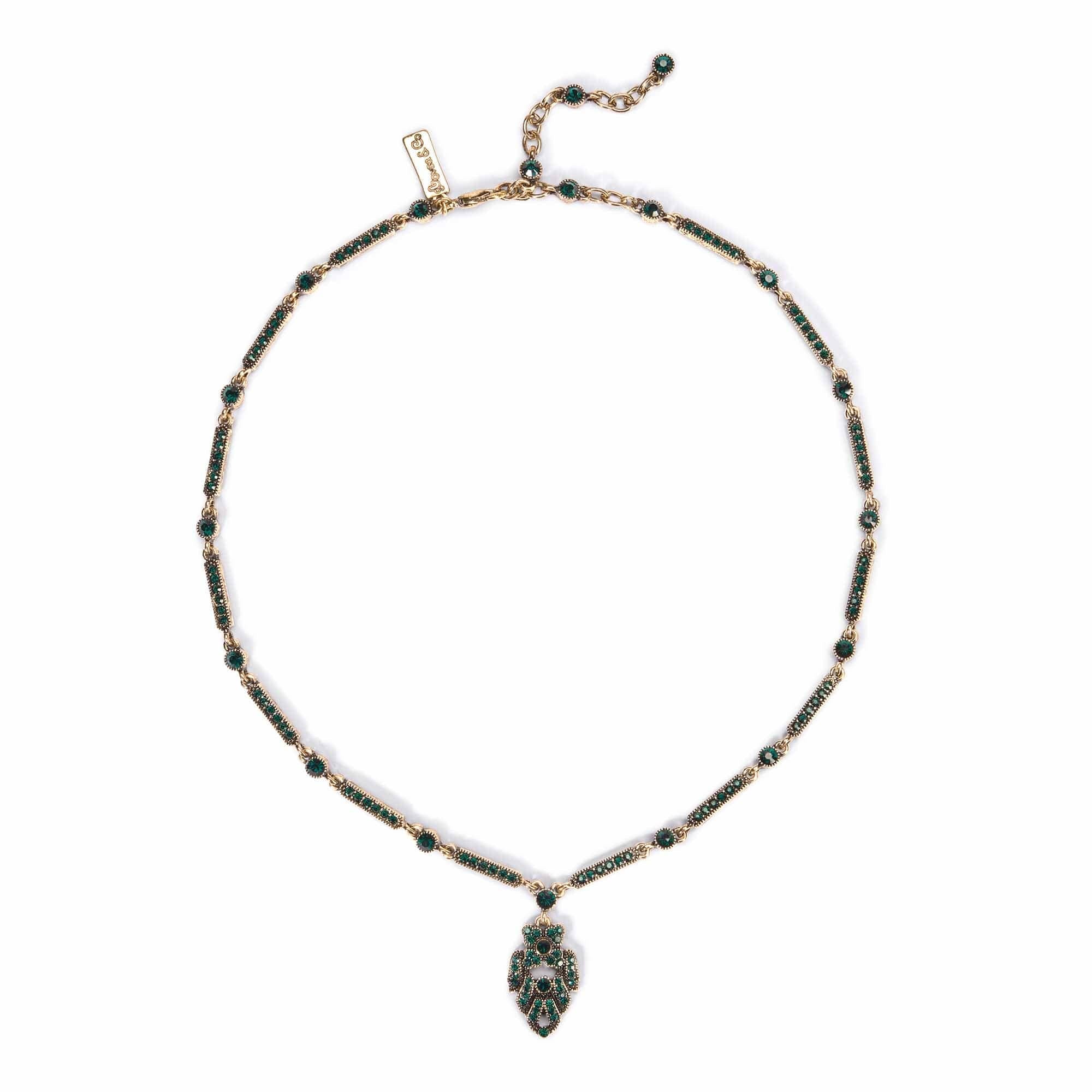 1920s Brass and Emerald Art Deco pendant crystal Necklace - Pretty Kitty Fashion