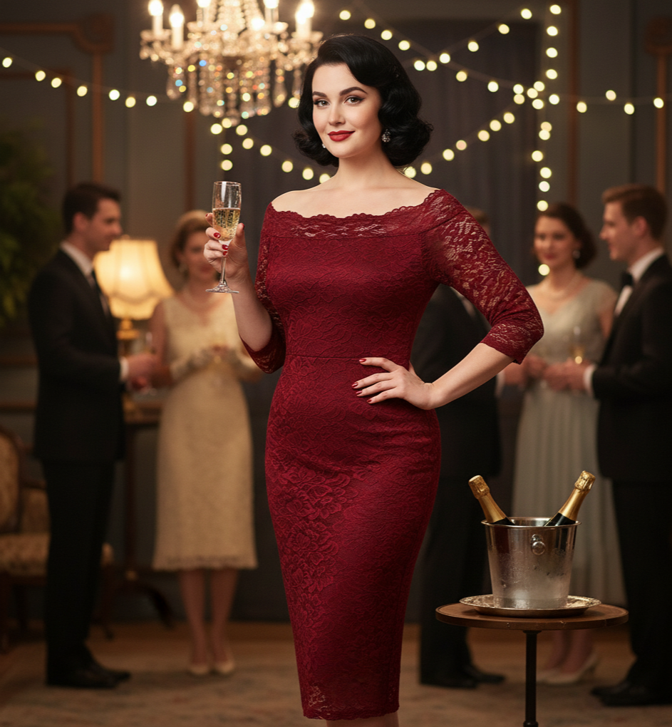 Burgundy Wine Lace 3/4 Sleeve Vintage Bardot Bodycon Wiggle Dress