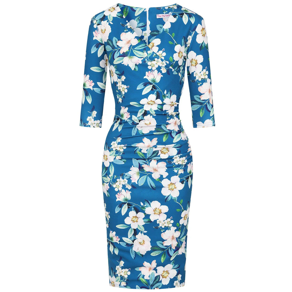 Teal Floral Print 40s 3/4 Sleeve Wiggle Wrap Dress