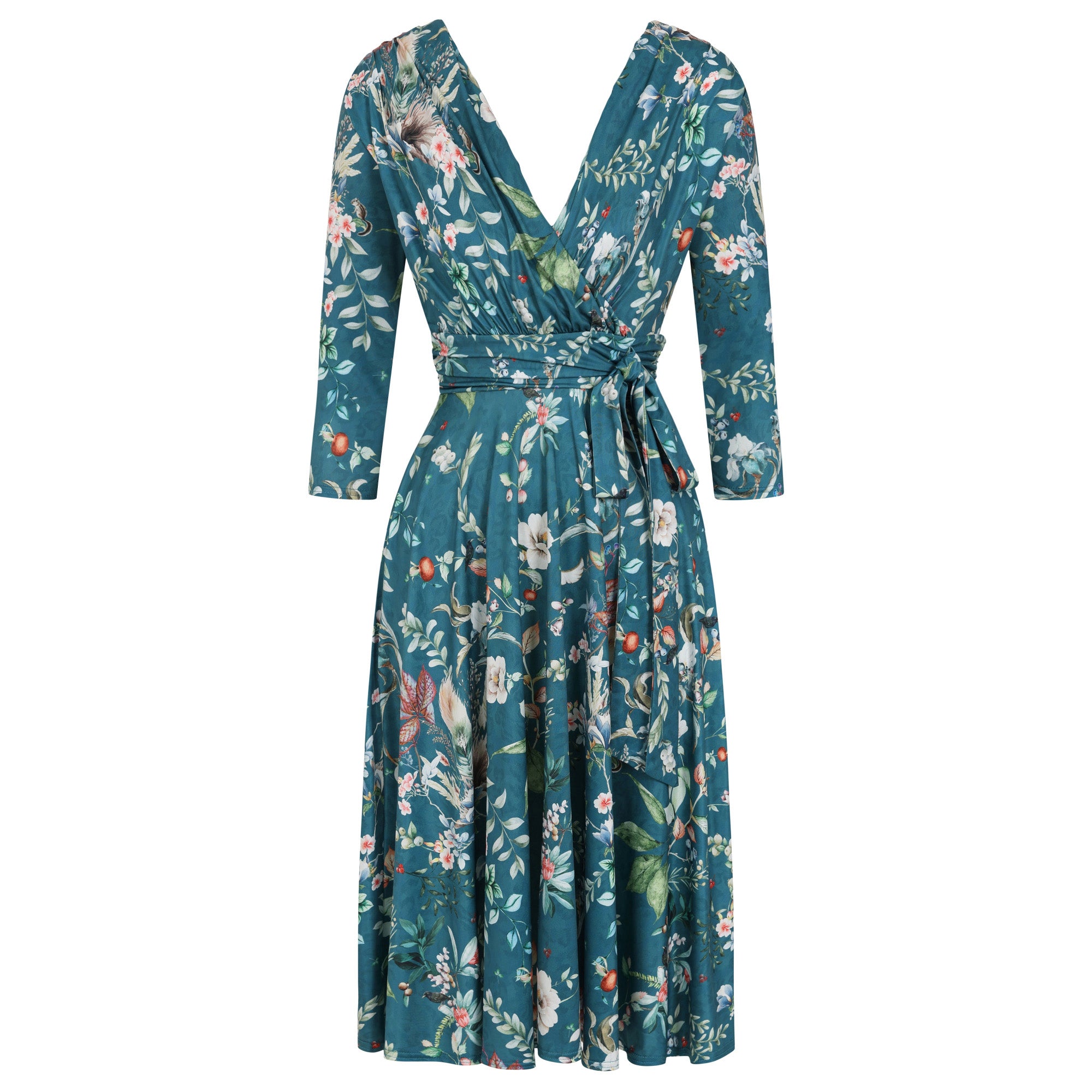 Mid Teal Floral 3/4 Sleeve V Neck Crossover Top Empire Waist Tea Dress