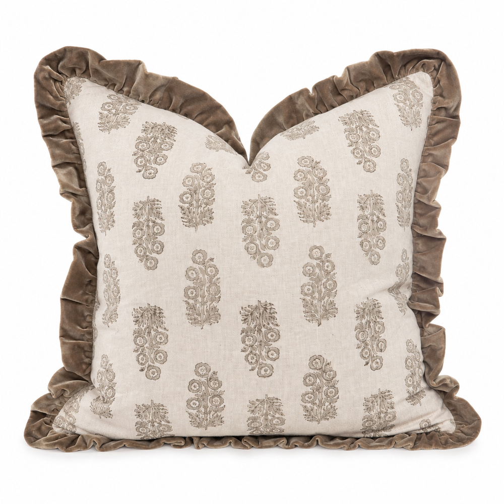 Taupe Block Print Floral Ruffle Cushion
