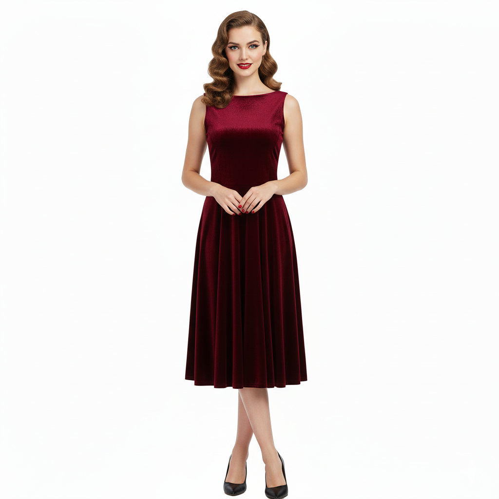 Claret Red Velour Audrey Style 1950s Swing Dress