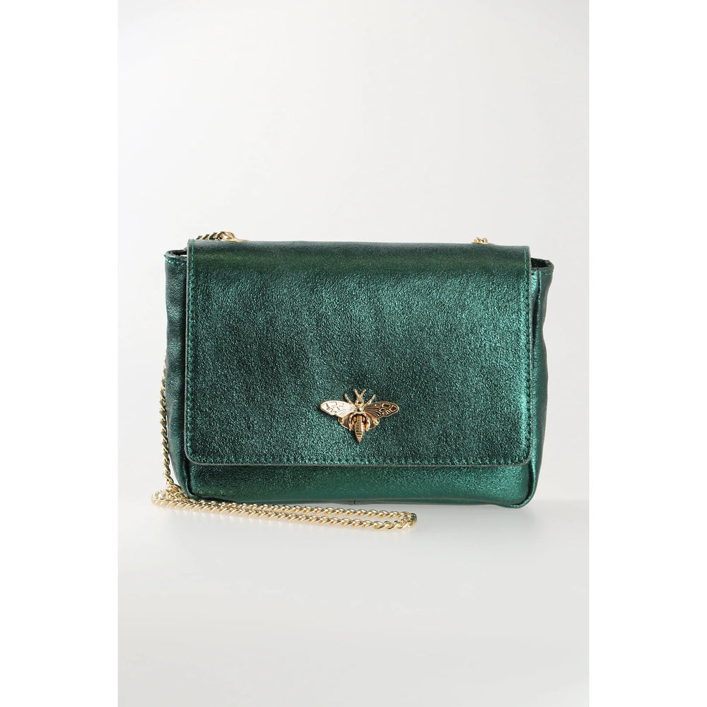 Emerald Green Metallic Leather Bag with Bee Emblem and Chain Strap