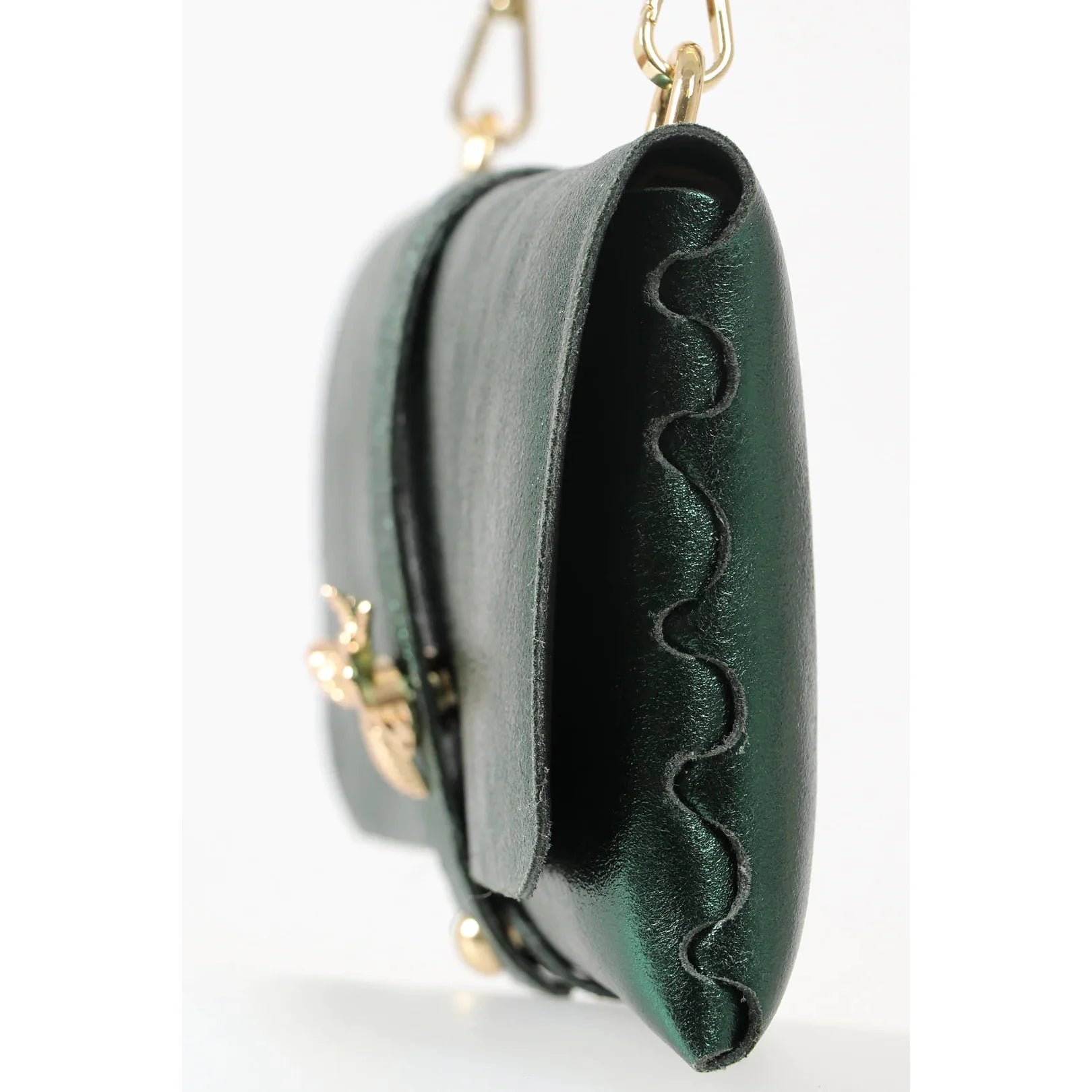Metallic Emerald Green Leather Clutch Bag with Gold Bee & Chain Strap