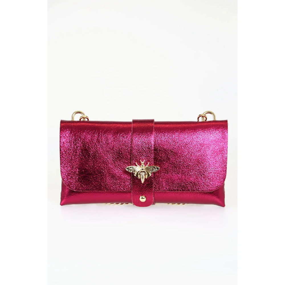 Metallic Magenta Leather Clutch Bag with Gold Bee & Chain Strap