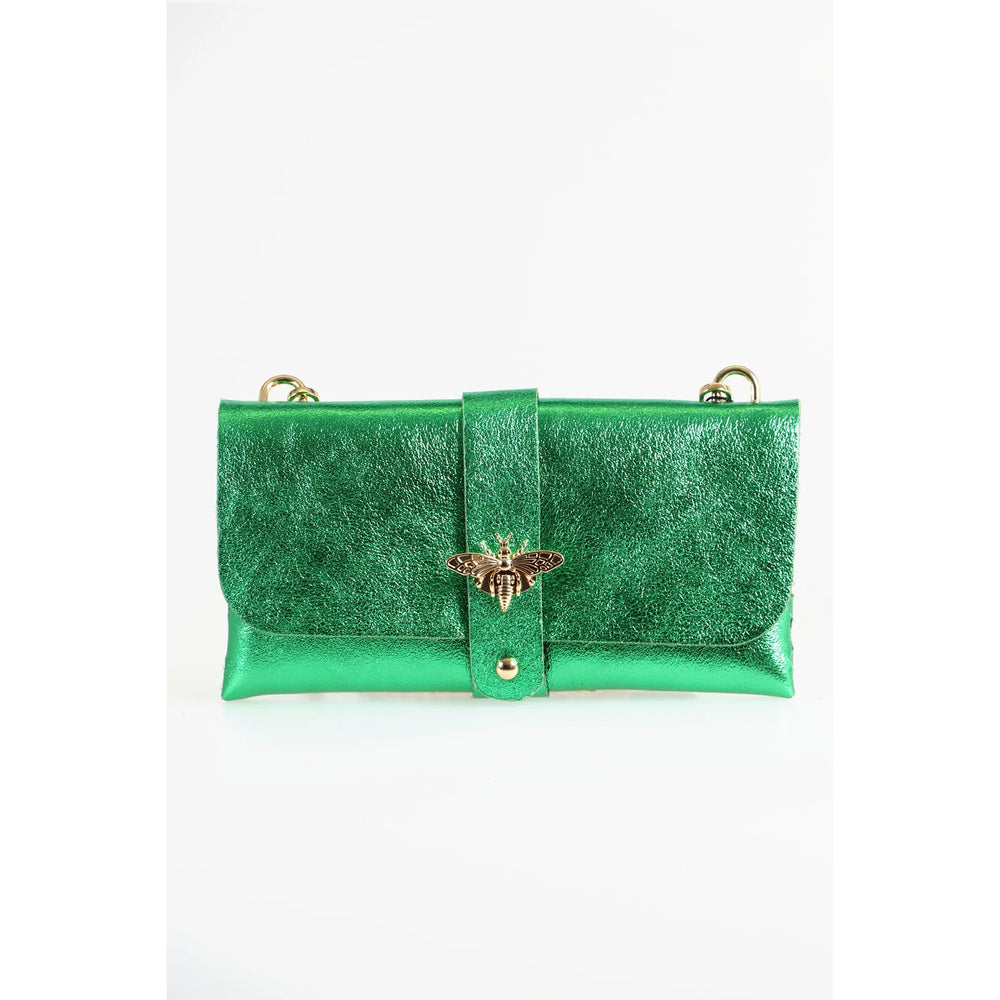 Metallic Emerald Green Leather Clutch Bag with Gold Bee & Chain Strap
