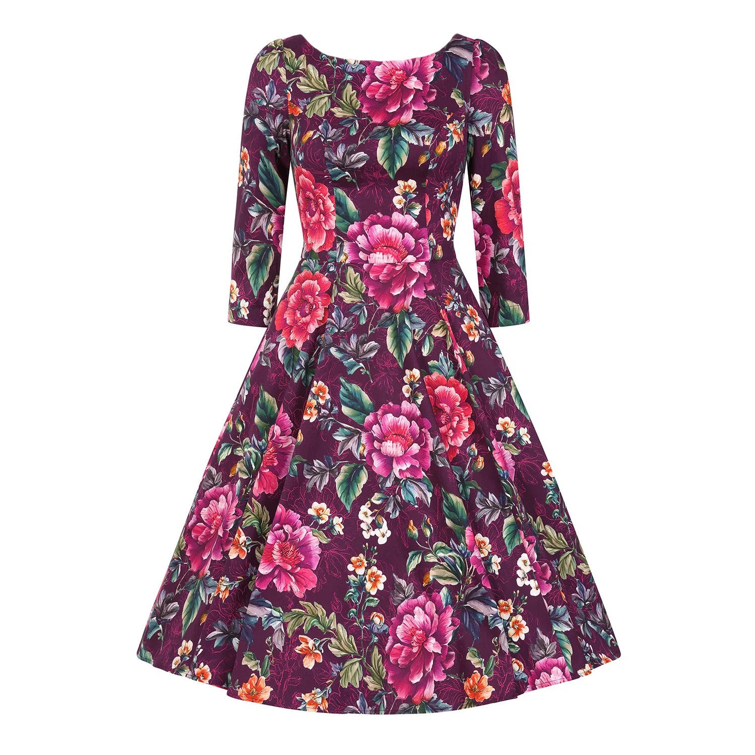 Burgundy Multi Floral Print 3/4 Sleeve Boat Neckline 50s Swing Dress With Pockets