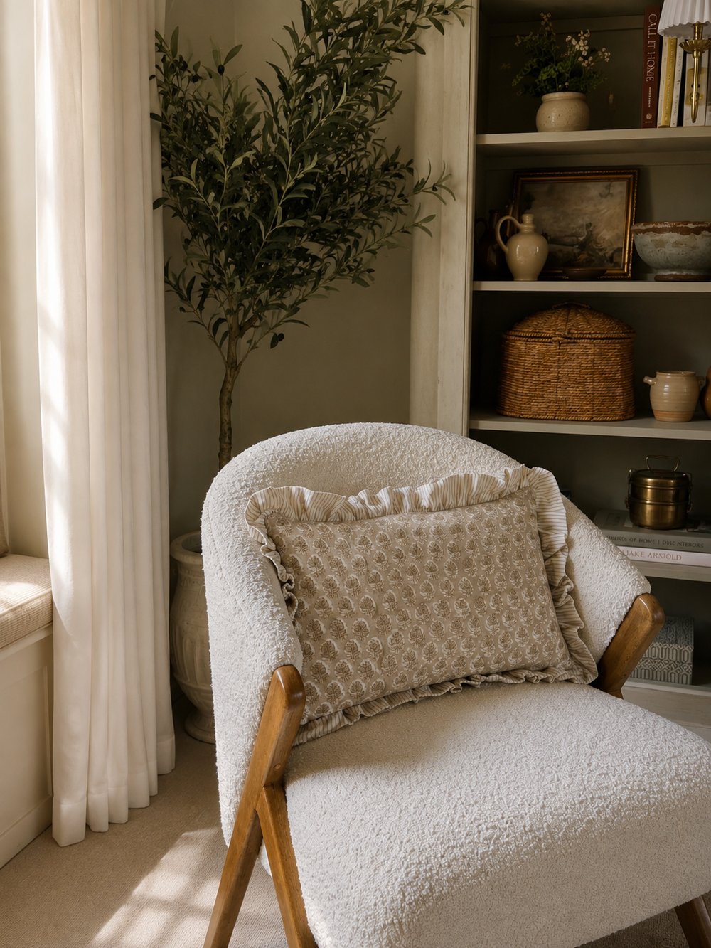 Taupe Block Print Floral Frill Cushion