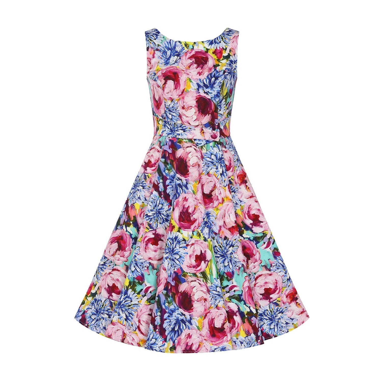 Blue And Pink Multi Floral Print Audrey Rockabilly 50s Swing Dress