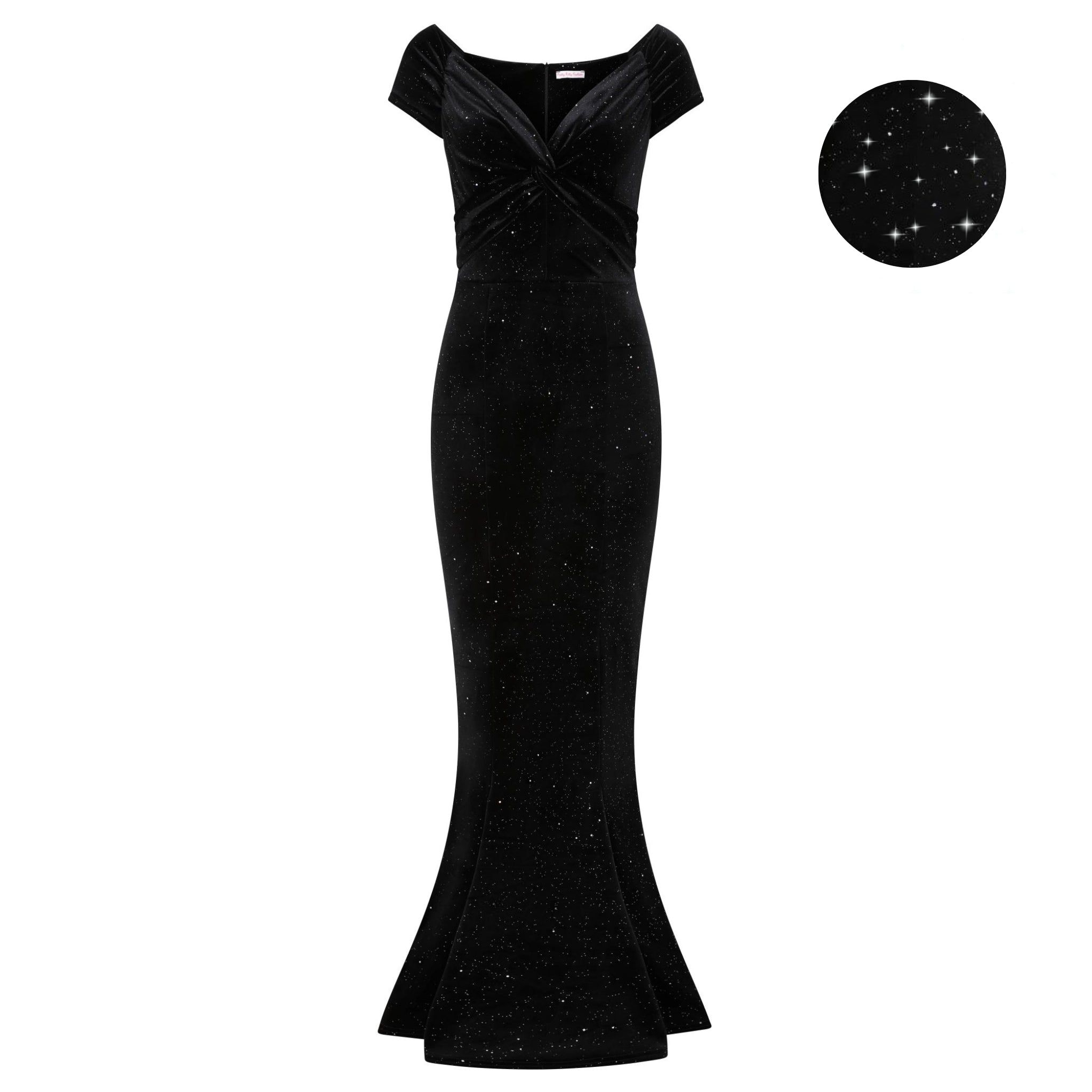 Black Diamante Glitter Sparkle Cap Sleeve Twist Bust Fishtail Hem Velour Maxi Dress