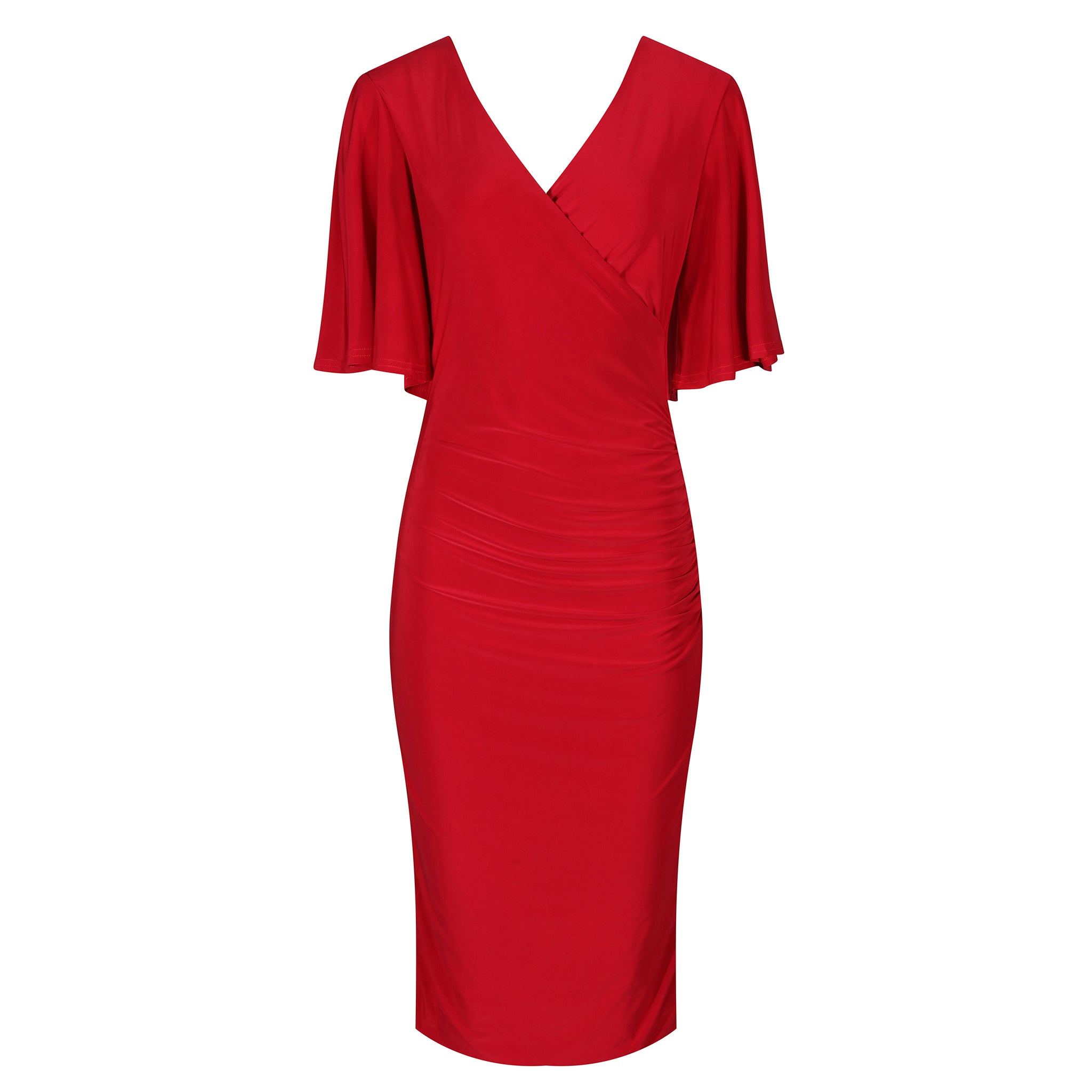 Red Wrap Top Slinky Cocktail Wiggle Dress w/ Butterfly Sleeves
