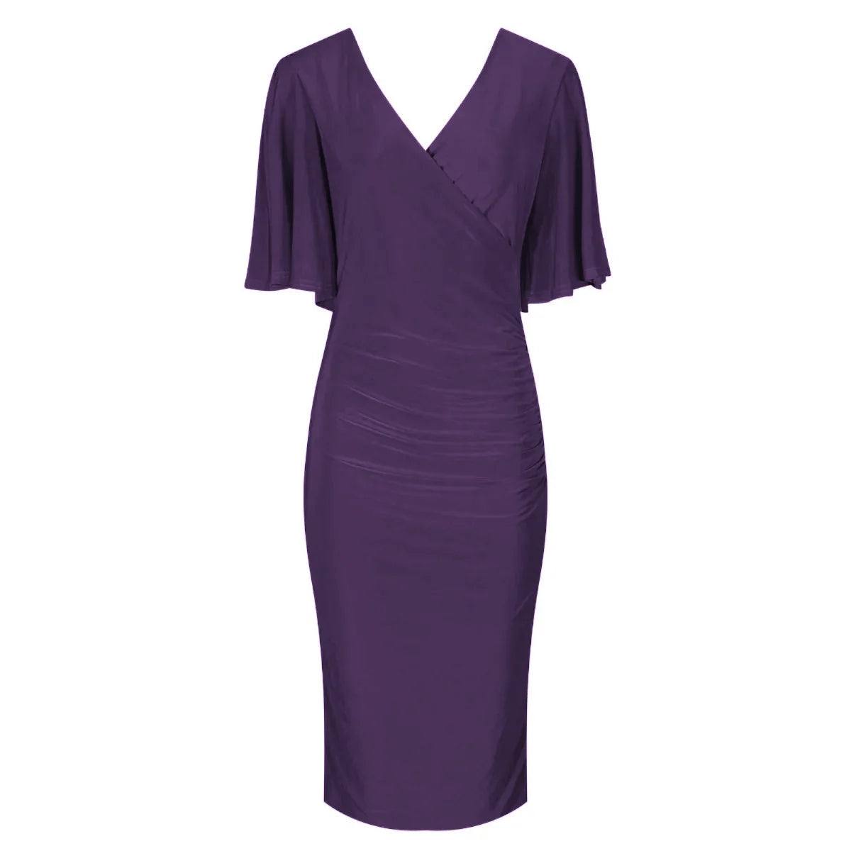 Aubergine Wrap Top Slinky Cocktail Wiggle Dress w/ Butterfly Sleeves