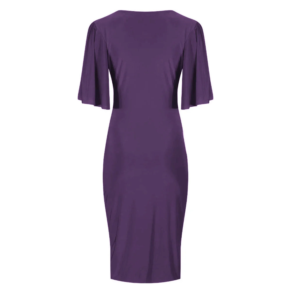 Aubergine Wrap Top Slinky Cocktail Wiggle Dress w/ Butterfly Sleeves