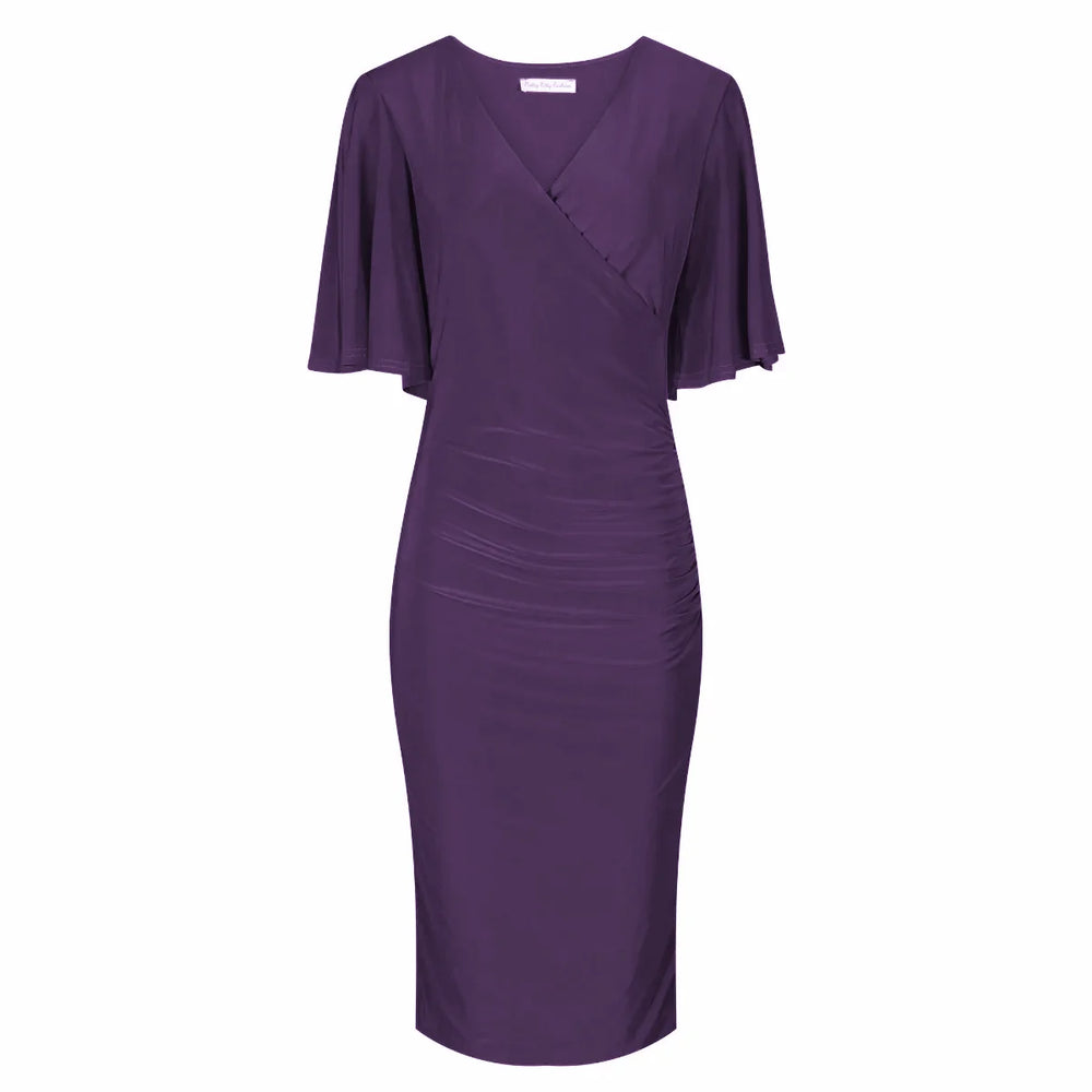Aubergine Wrap Top Slinky Cocktail Wiggle Dress w/ Butterfly Sleeves