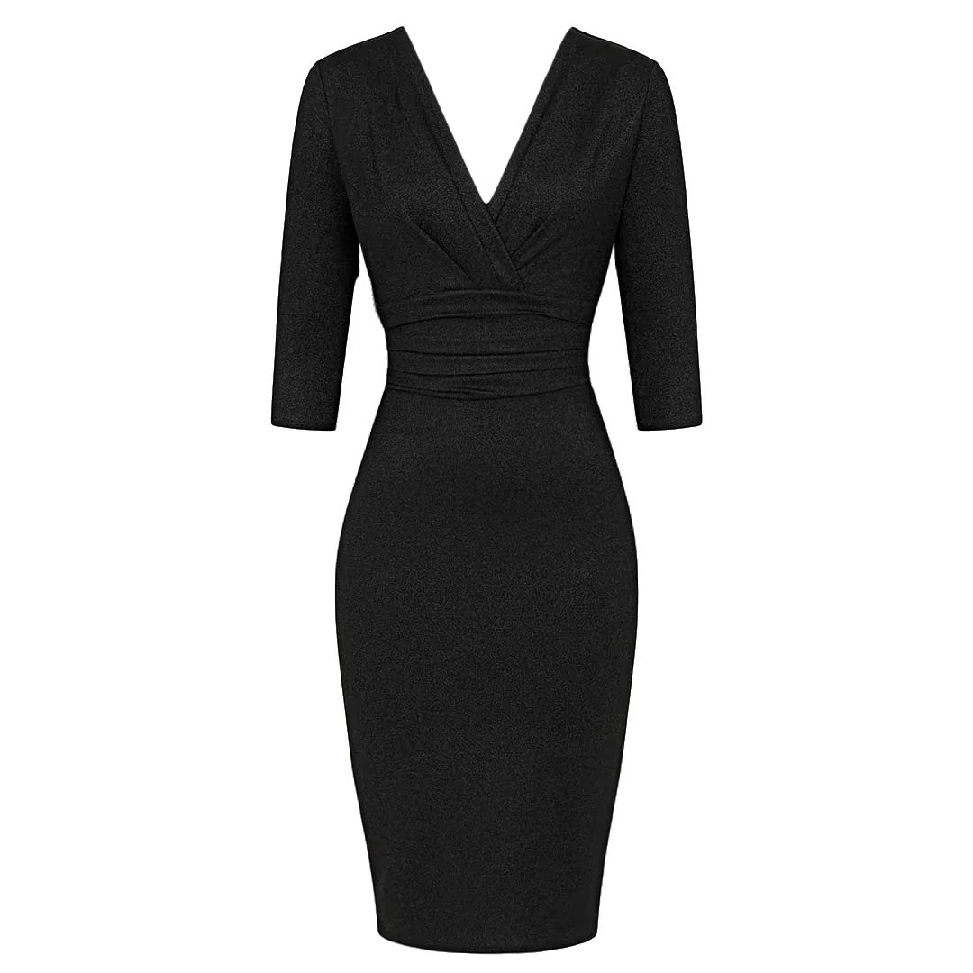 Black Sparkle Deep V 3/4 Sleeve Bodycon Ruched Waist Wiggle Party Dress