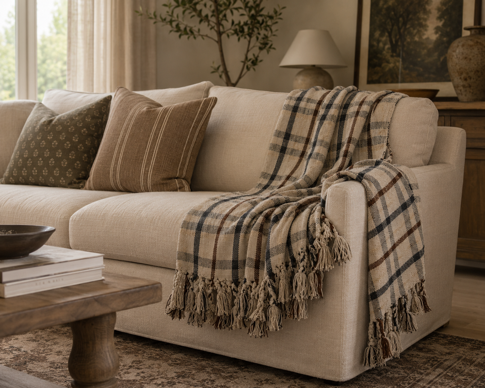 Neutral Checked Woven Throw with Tassels