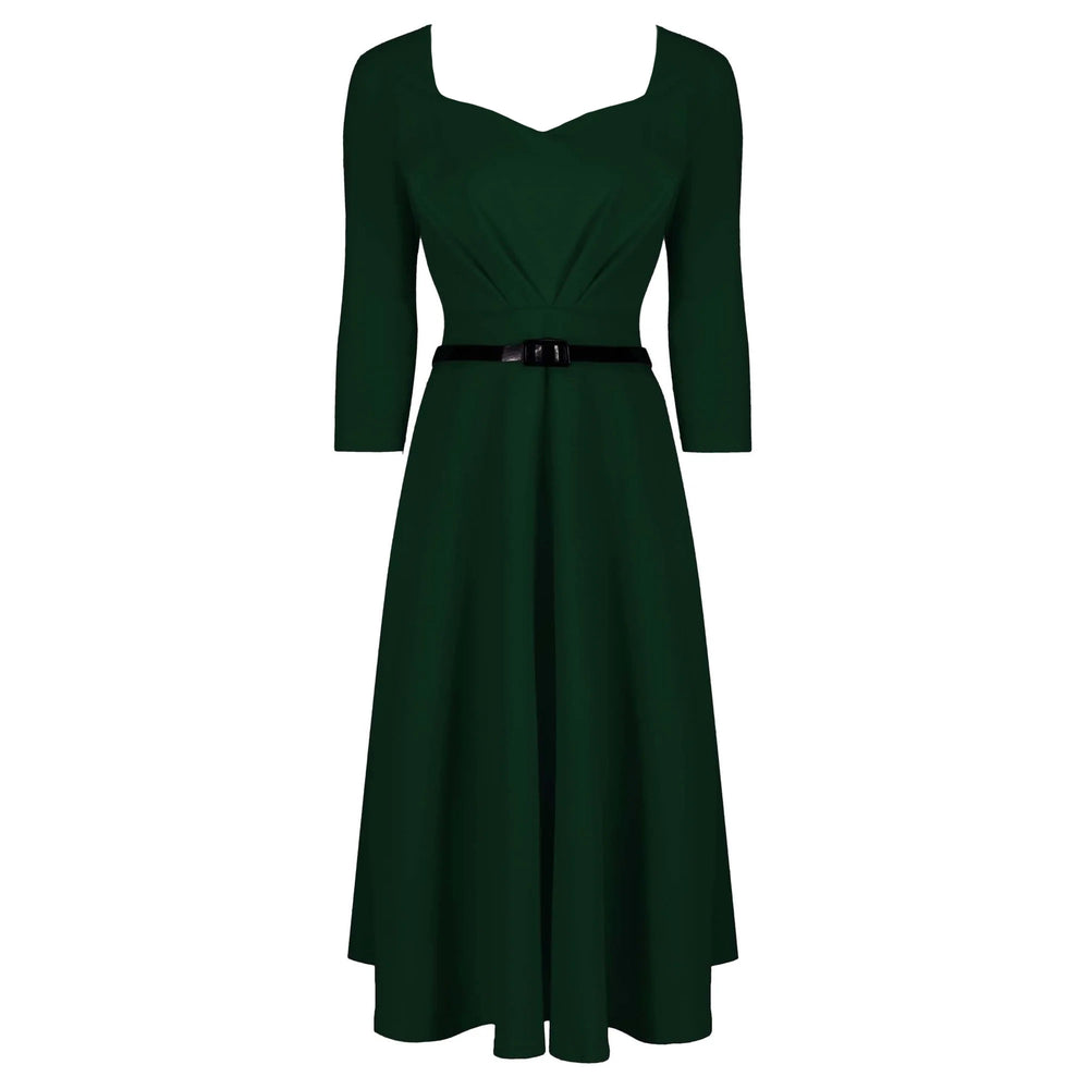 Forest Green 3/4 Sleeve Belted 50s Swing Dress