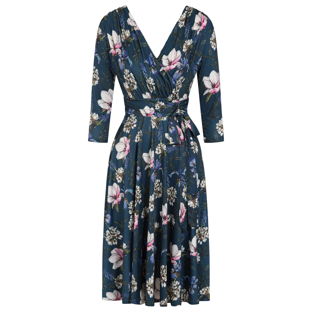 Mid Navy Blue Floral 3/4 Sleeve V Neck Crossover Top Empire Waist Tea Dress