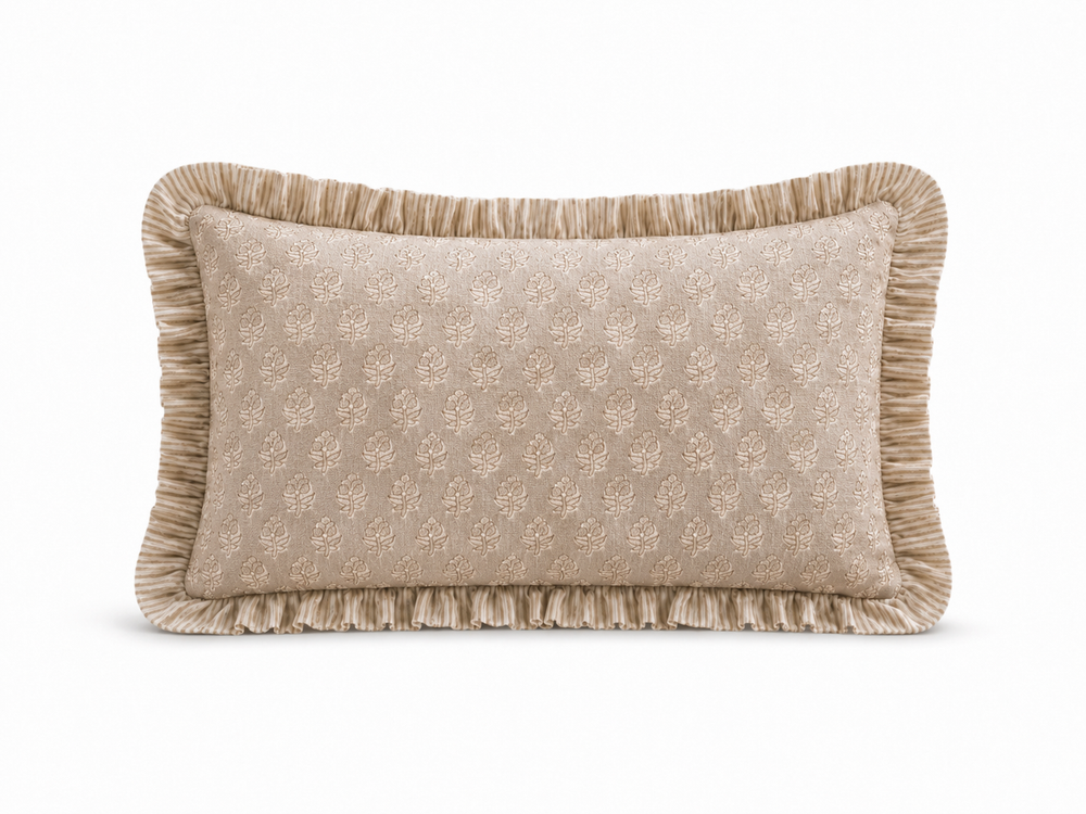 Taupe Block Print Floral Frill Cushion
