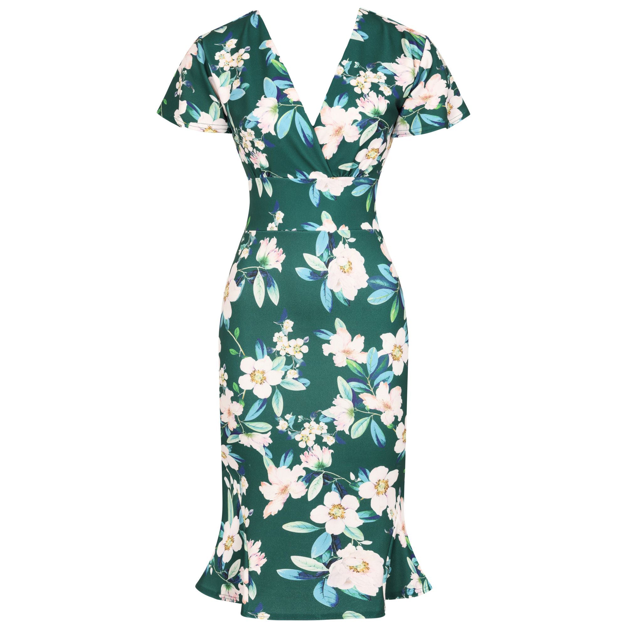 Forest Green Floral Print Wrap Top Cap Sleeve Peplum Hem Wiggle Dress