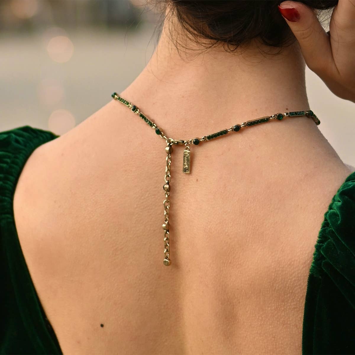 1920s Brass and Emerald Art Deco pendant crystal Necklace - Pretty Kitty Fashion