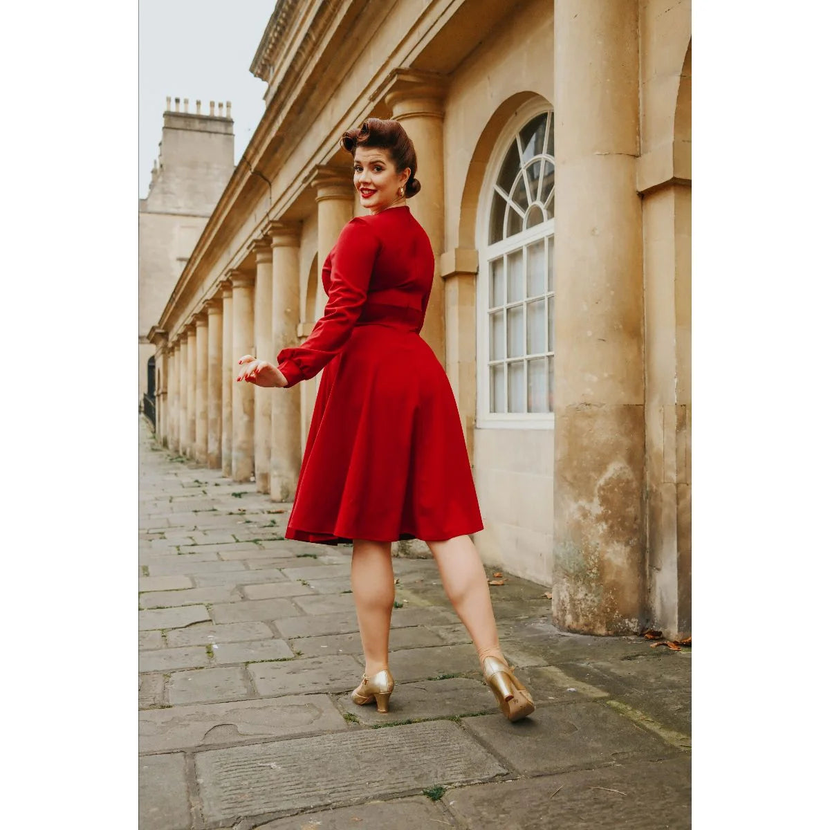 Wine Red Long Sleeve A Line Vintage Crossover Tea Swing Dress