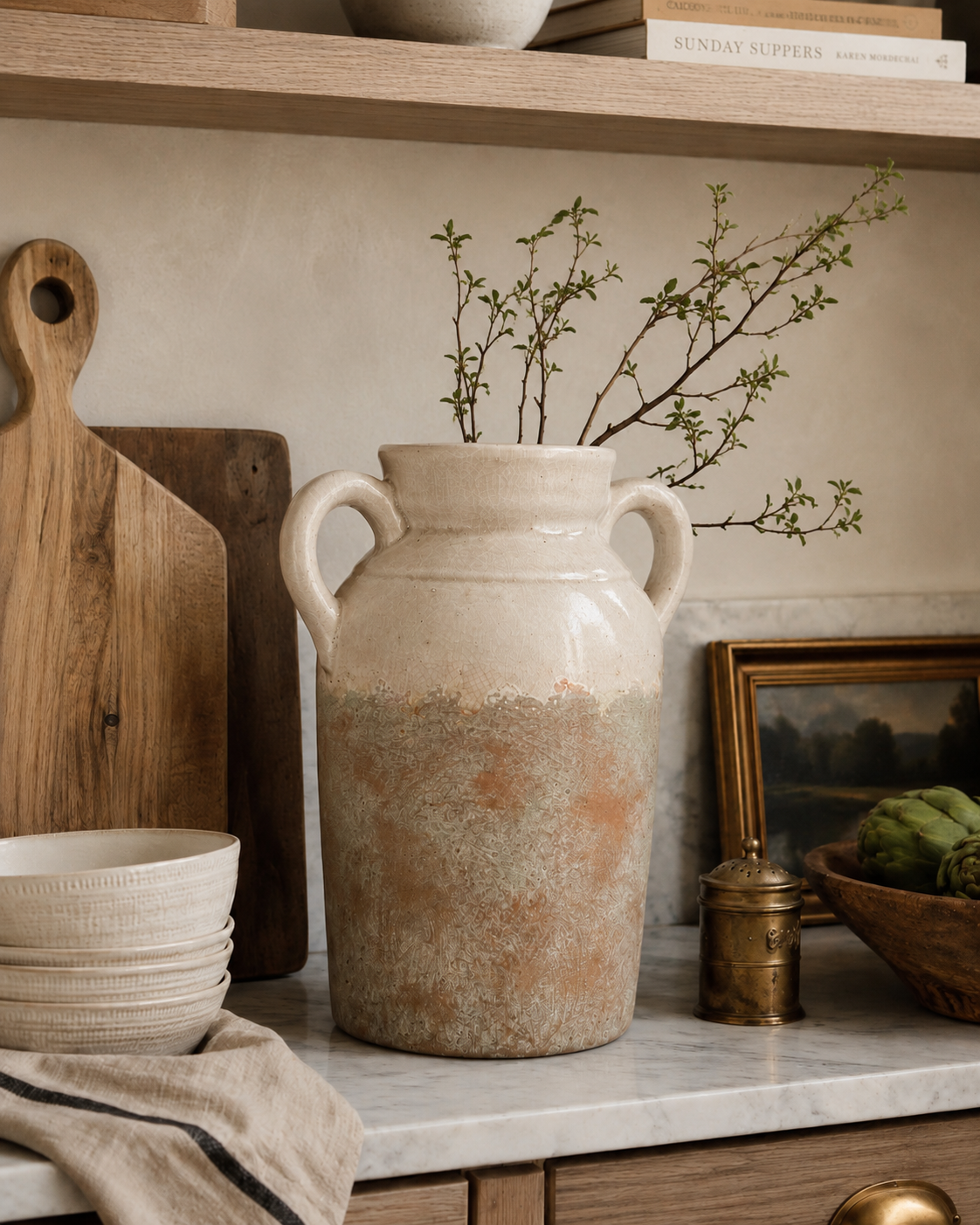Rustic Twin Handle Ceramic Urn Vase – Weathered Neutral Finish